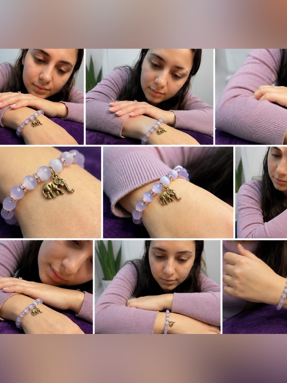 Handmade Lavender Elephant Charm Stretch Bracelet | Boho | Lucky Elephant